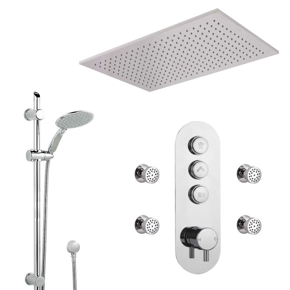 Milano Orta - 3 Outlet Push Button Shower Valve, Slide Rail Kit, Body Jets and Recessed Shower Head