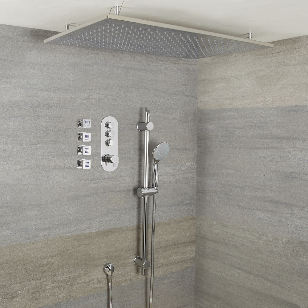 Milano Orta - 3 Outlet Push Button Shower Valve, Slide Rail Kit, Body Jets and Recessed Shower Head