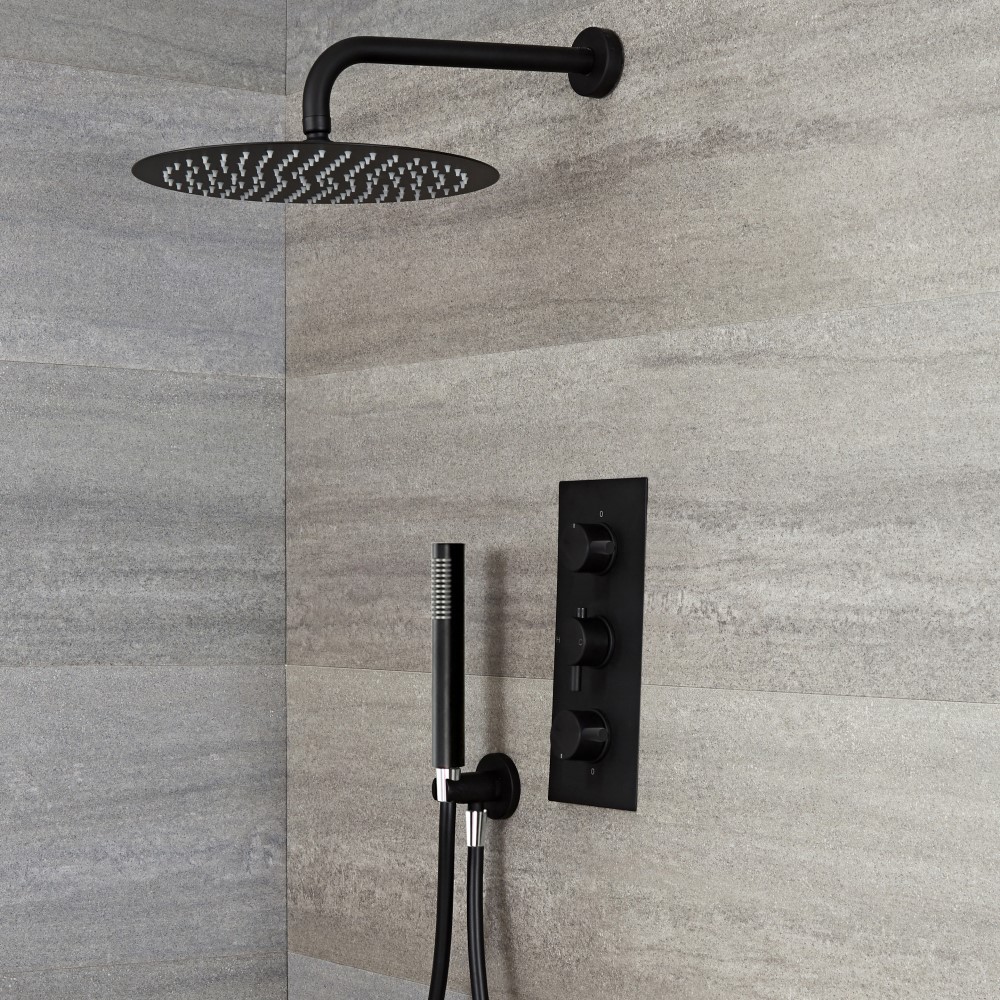 Milano Nero - Black Thermostatic Shower with Round Shower Head and Hand Shower (2 Outlet)