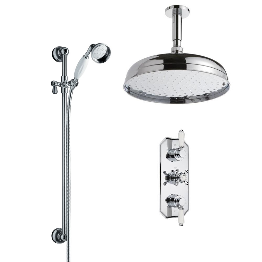 Milano Traditional Triple Thermostatic Valve, 300mm Head, Ceiling Arm, Slide Rail and Spout