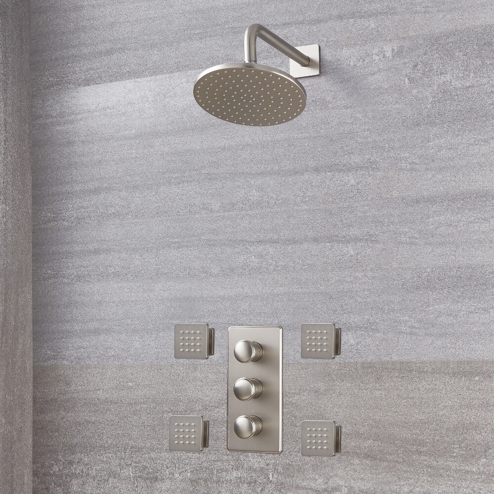 Milano Ashurst - Triple Thermostatic Shower Valve, 200mm Round Head and Body Jets - Brushed Nickel