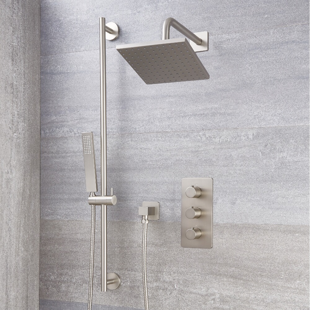 Milano Hunston - Triple Thermostatic Valve, 200mm Square Head and Slide Rail Kit - Brushed Nickel