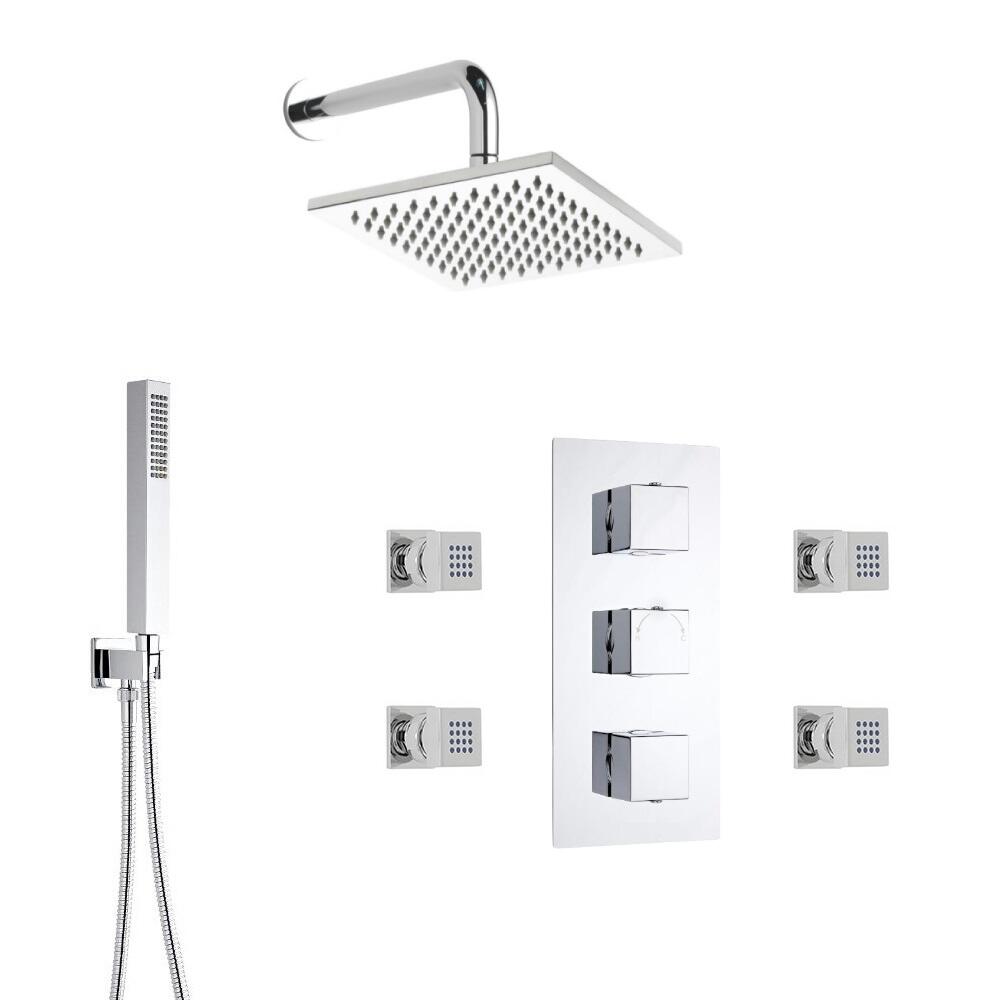 Milano Square Triple Diverter Thermostatic Valve, 200mm Head, Wall Arm, Handset and Body Jets