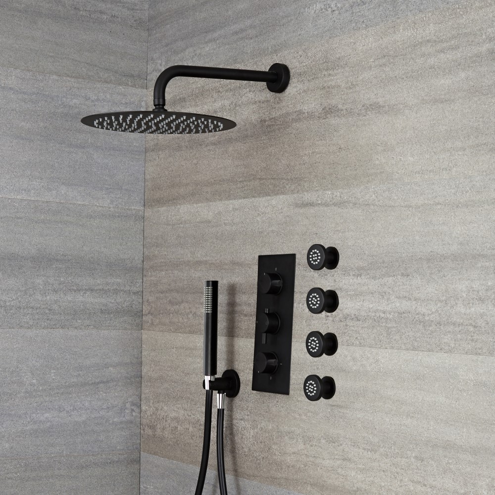 Milano Nero - Black Thermostatic Shower with Diverter, Round Shower Head, Hand Shower and Body Jets (3 Outlet)