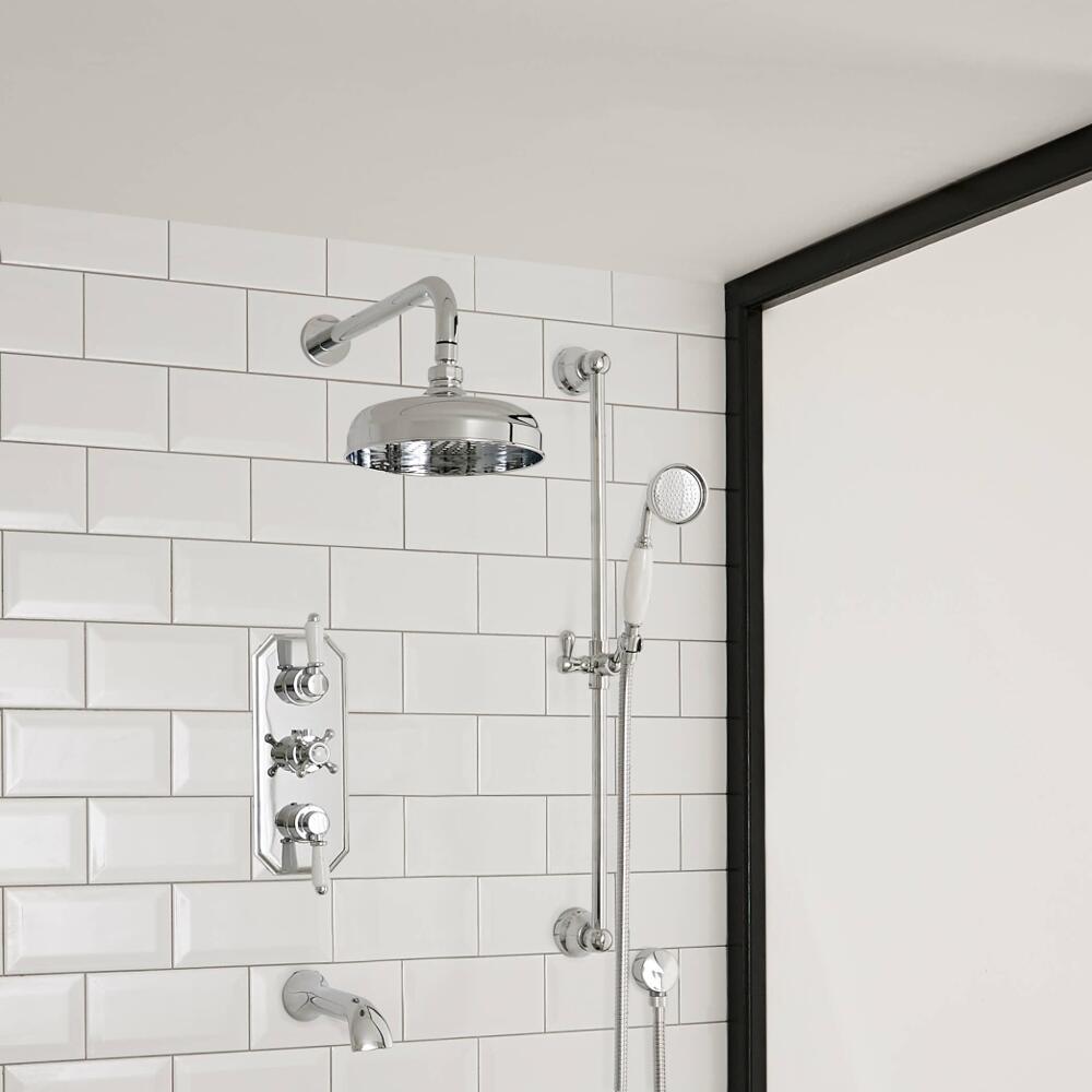 Milano Elizabeth - Chrome and White Traditional Thermostatic Shower with Diverter, Shower Head, Hand Shower, Bath Spout and Riser Rail (3 Outlet)