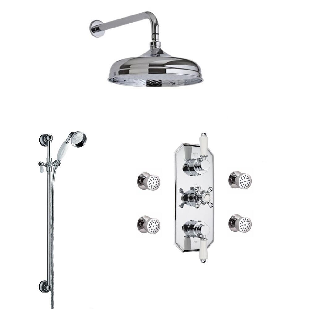 Milano Triple Diverter Valve Thermostatic, Slide Rail, Body Jets, Wall Arm and 150mm Head
