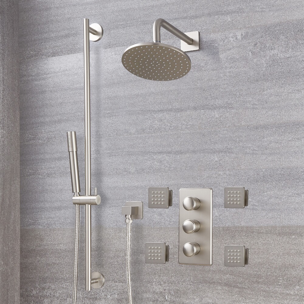 Milano Ashurst - Triple Diverter Thermostatic Valve, 200mm Round Head, Slide Rail Kit and Body Jets - Brushed Nickel