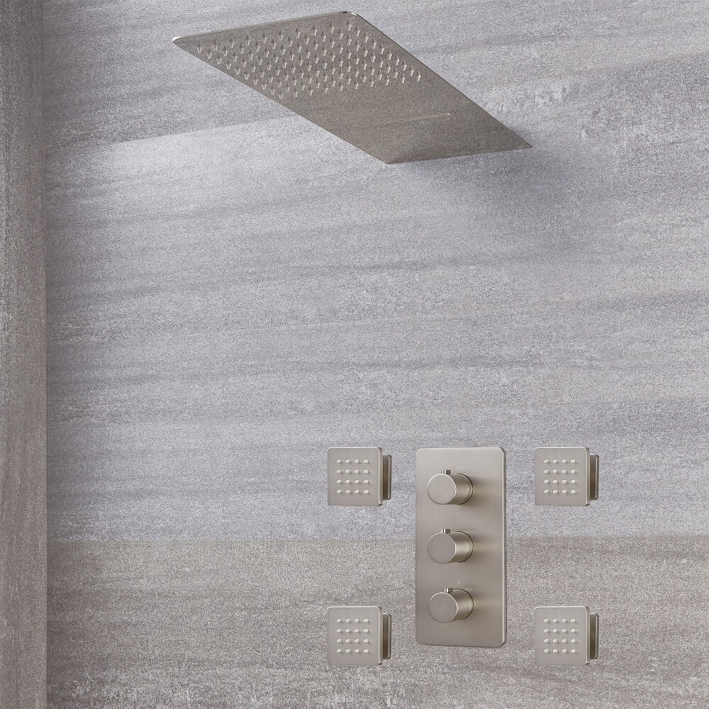 Milano Hunston - Triple Diverter Thermostatic Valve, Waterblade Head and Body Jets - Brushed Nickel