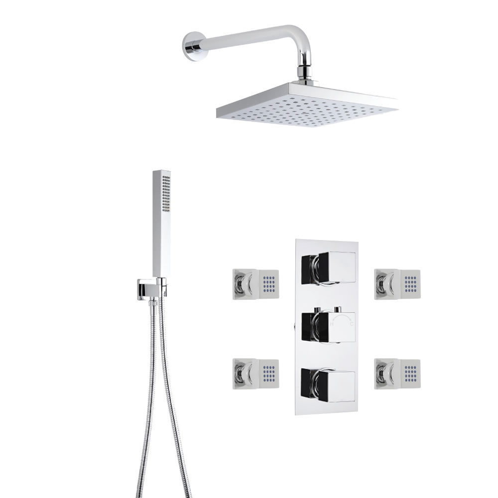 Milano Square Thermostatic Shower with Wall Mounted Head, Hand Shower and Body Jets