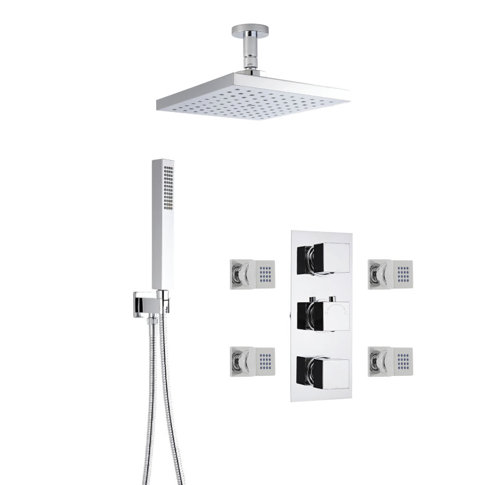 Milano Square Thermostatic Shower with Ceiling Mounted Head, Hand Shower and Body Jets