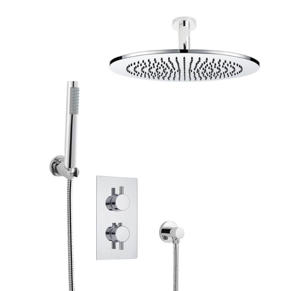 Milano Round Twin Diverter Thermostatic Valve, 300mm Shower Head, Ceiling Arm and Handset