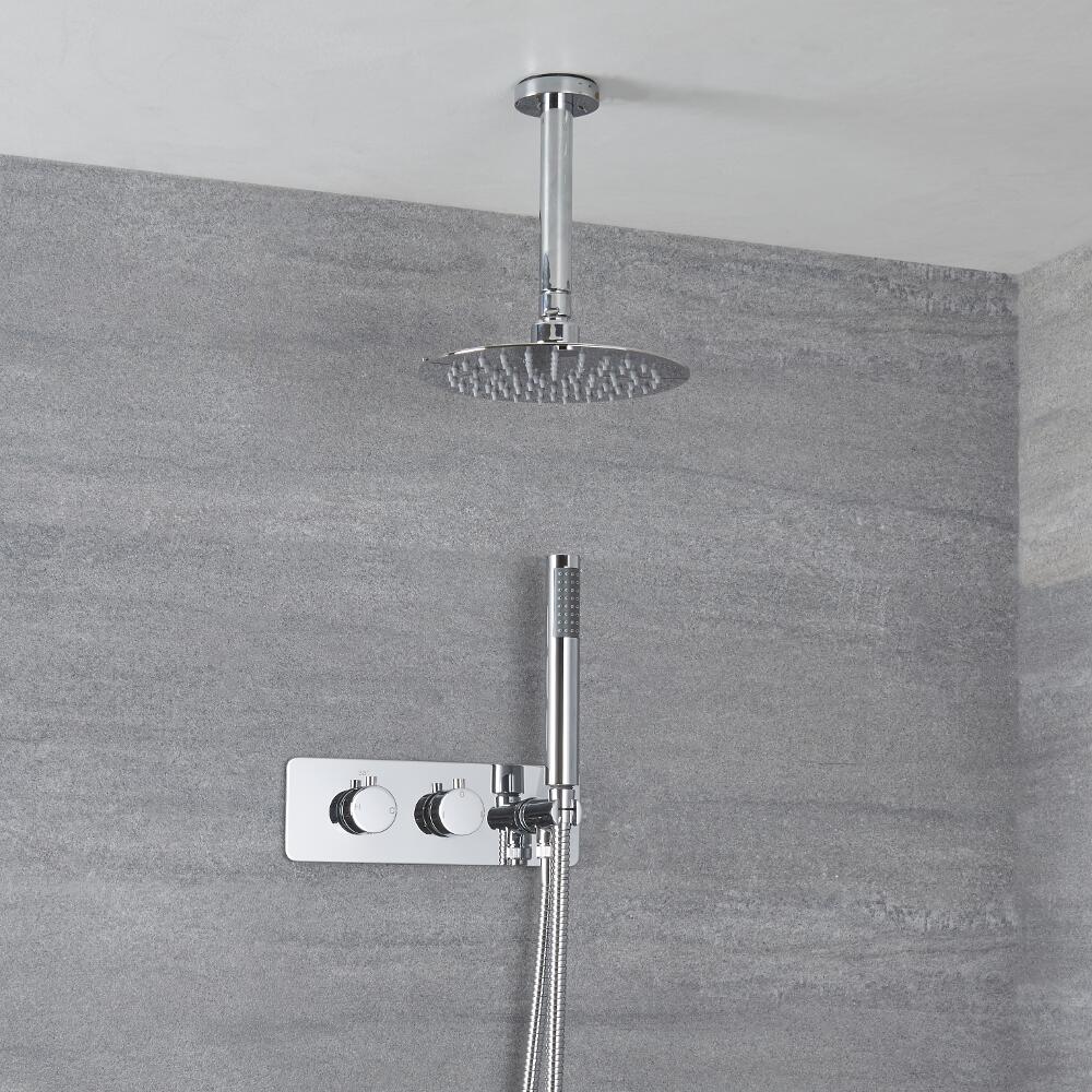 Milano Mirage - Chrome Thermostatic Shower with Diverter, Ceiling Mounted Shower Head and Hand Shower (2 Outlet)