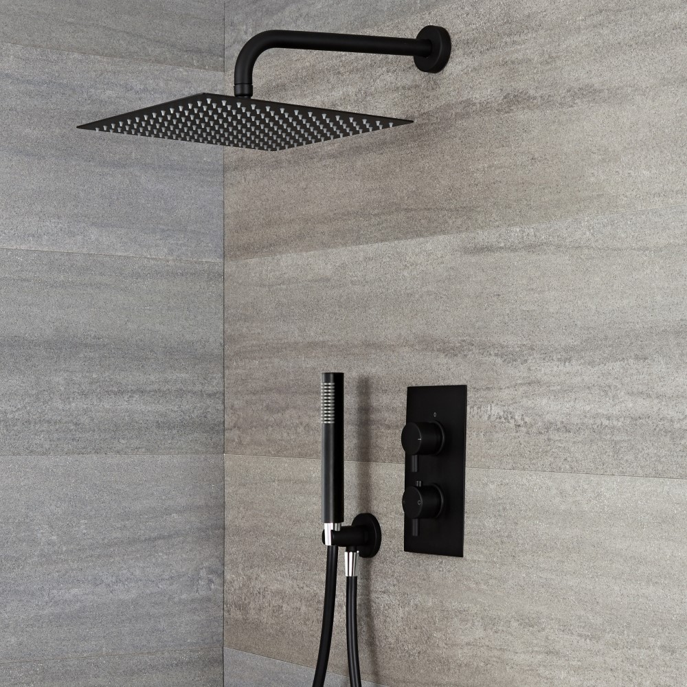 Milano Nero - Black Thermostatic Shower with Diverter, Square Shower Head and Hand Shower (2 Outlet)
