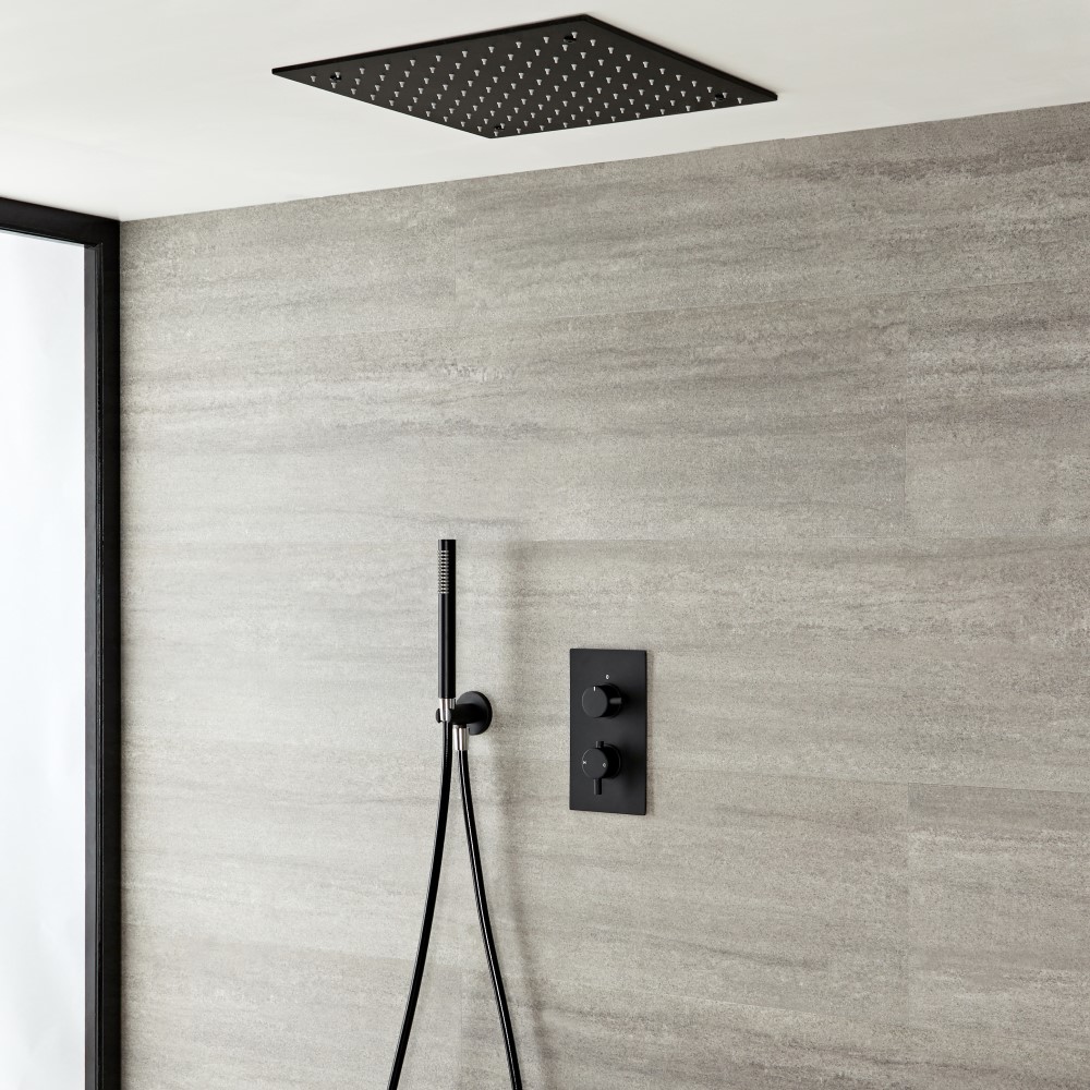 Milano Nero - Black Thermostatic Shower with Diverter, Recessed Shower Head and Hand Shower (2 Outlet)