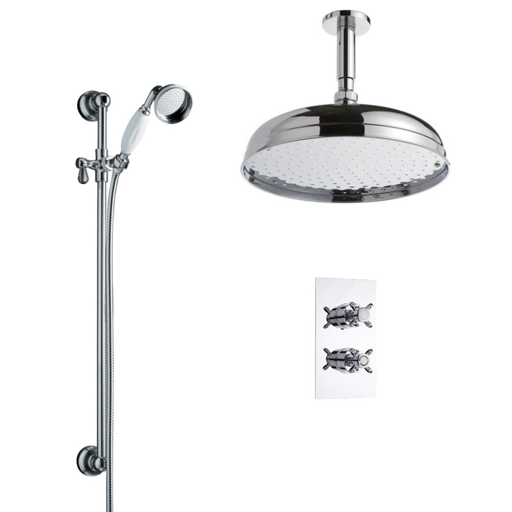 Milano Twin Diverter Thermostatic Valve With 300mm Head, Slide Rail Kit and Ceiling Arm