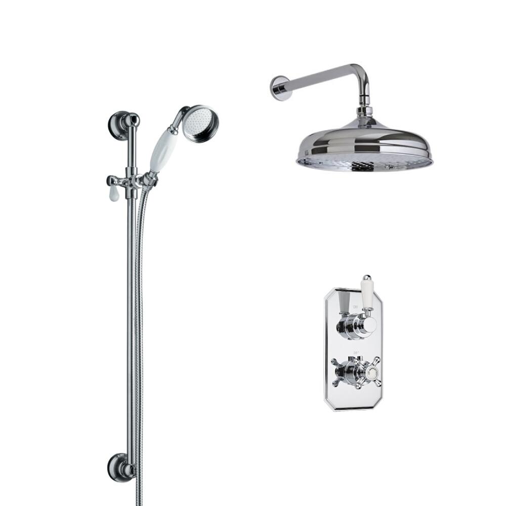 Milano Elizabeth - Traditional Twin Diverter Thermostatic Valve with 150mm Shower Head, Wall Arm, Slide Rail and Hand Shower - Chrome and White