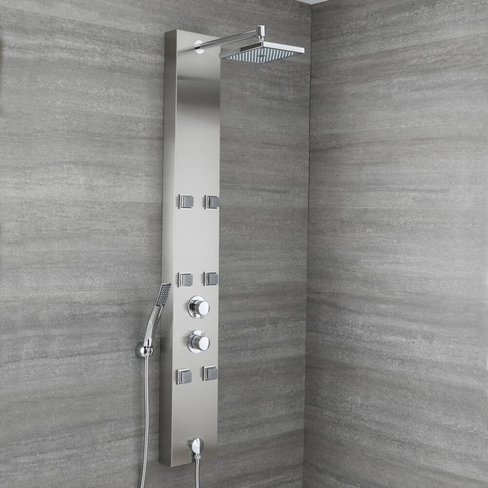 Milano Easton - Modern Exposed Thermostatic Shower Tower Panel with Shower Head, 6 Body Jets and Hand Shower