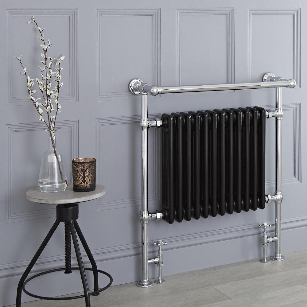 Milano Trent - Black Traditional Heated Towel Rail - 930mm x 790mm (With Overhanging Rail)