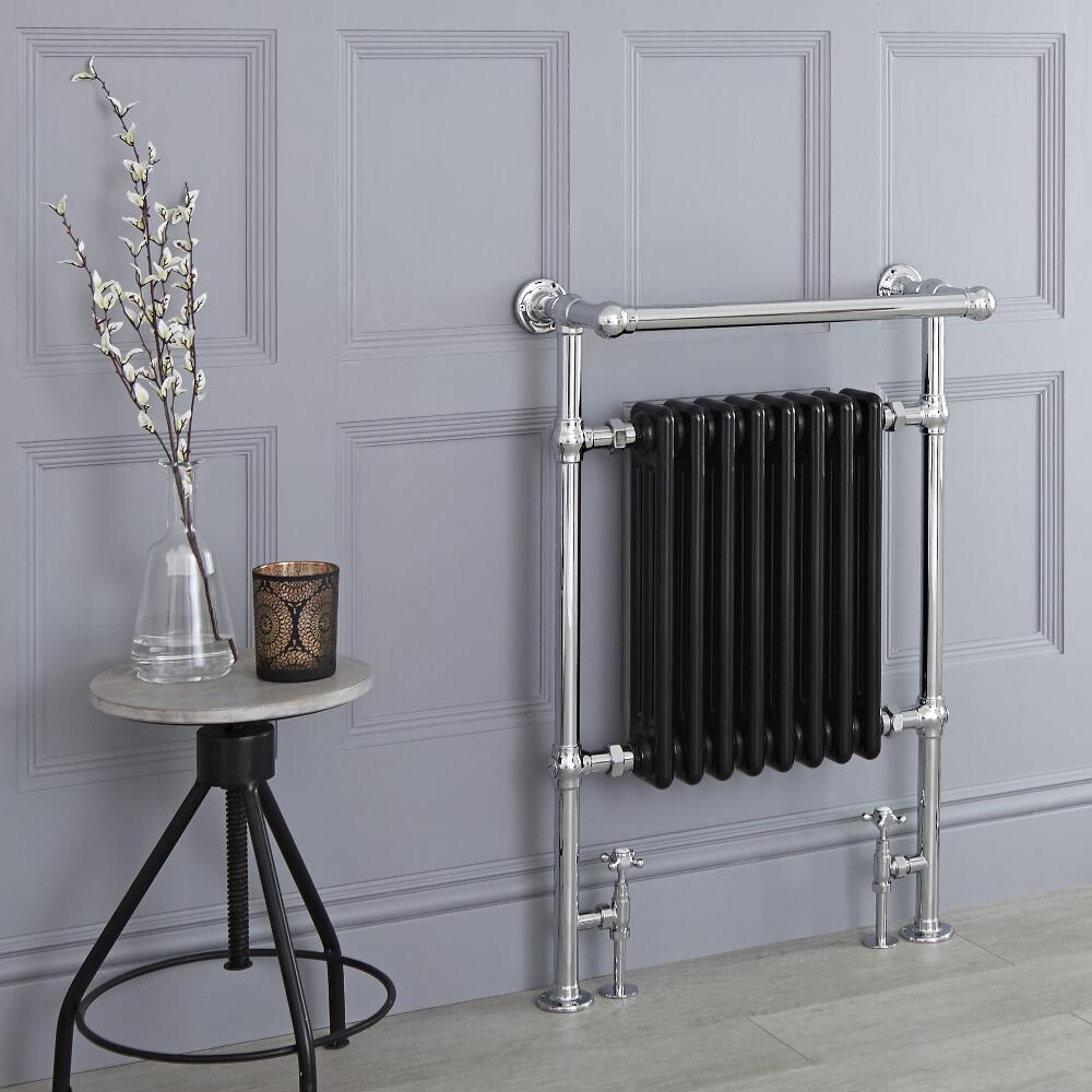 Milano Trent - Black Traditional Heated Towel Rail - 930mm x 620mm (With Overhanging Rail)