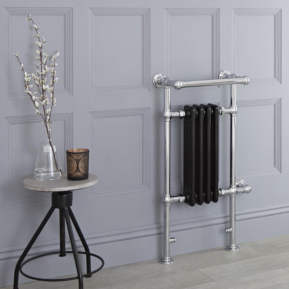 Milano Trent - Black Traditional Electric Heated Towel Rail - 930mm x 450mm (With Overhanging Rail)