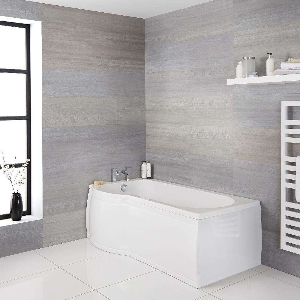 Milano Concept - White Modern Left Hand P-Shape Shower Bath with Panels - 1500mm x 800mm (No Tap-Holes)