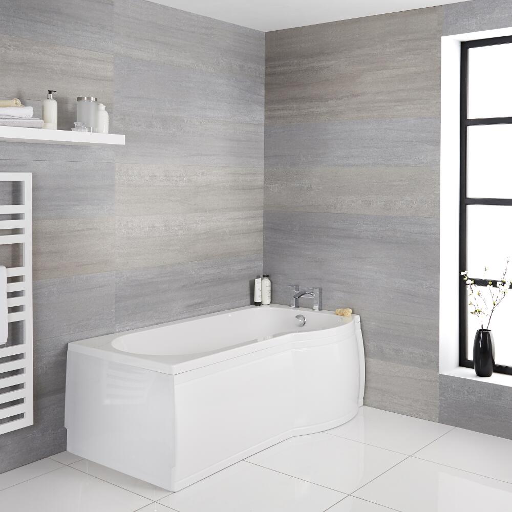 Milano Newby - White Modern Right Hand P -Shape Shower Bath with Panels - 1675mm x 850mm