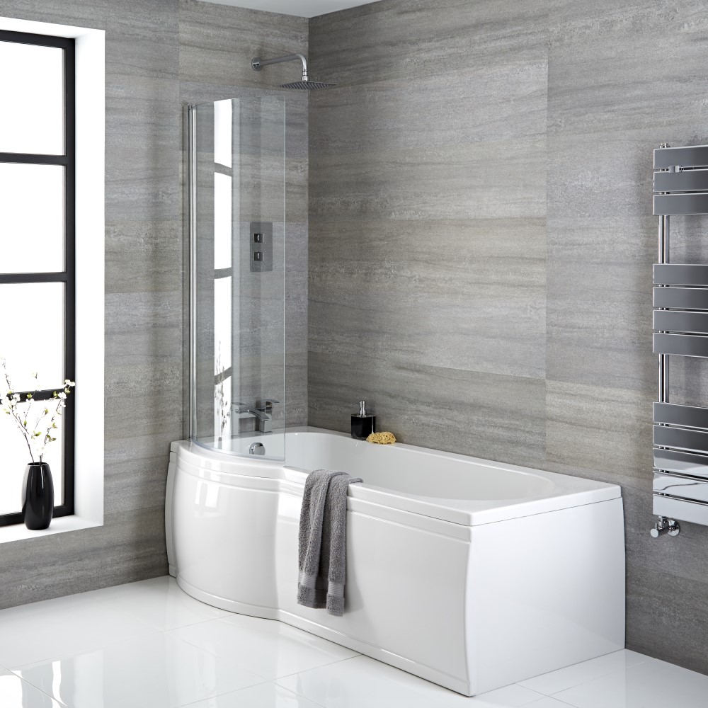 Milano Newby - Left Hand P-Shape Shower Bath - Choice of Size, Panels, Screen and Waste
