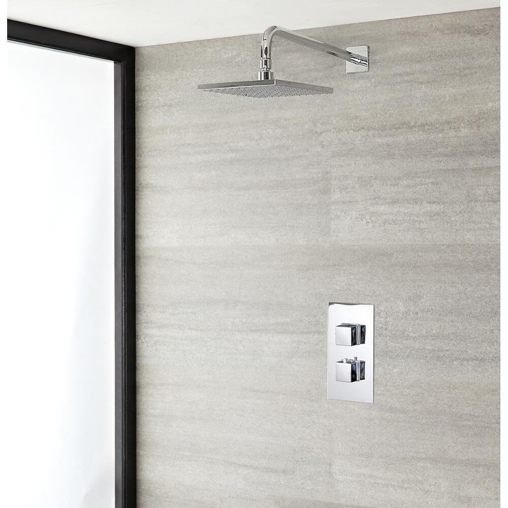 Milano Arvo - Modern Square Twin Thermostatic Valve With 200mm Shower Head and Wall Arm - Chrome