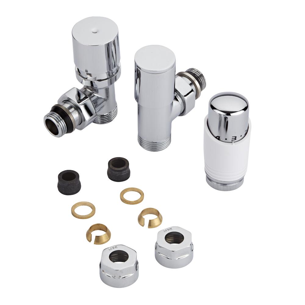 Milano - Chrome 3/4" Male Thread Valve With White TRV With 14mm Copper Adaptors