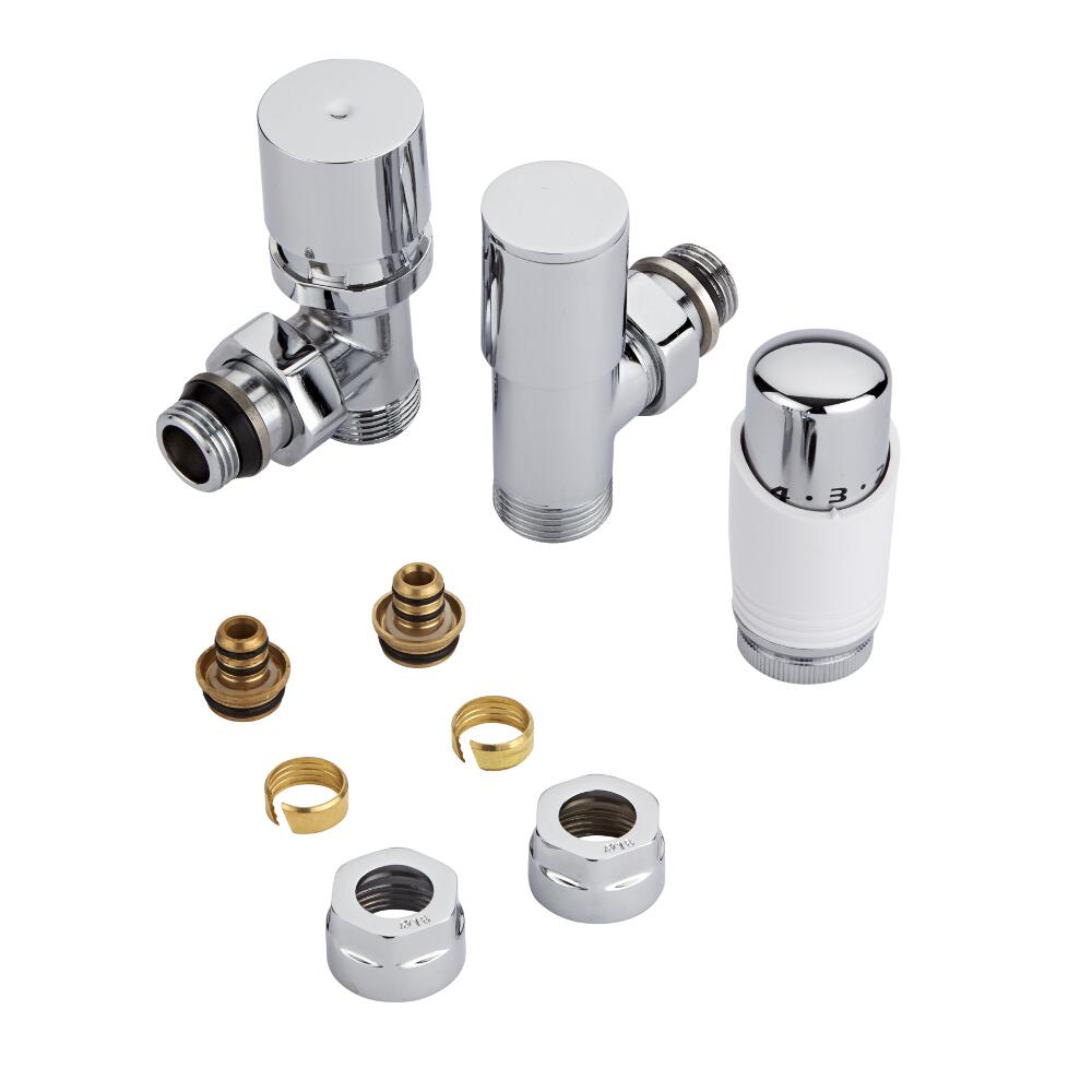 Milano - Chrome 3/4" Male Thread Valve With White TRV With 16mm Multi Adaptors