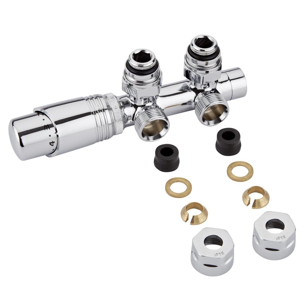 Milano - Chrome 3/4" Male H-Block Angled Valve With Chrome TRV Head With 12mm Copper Adaptors