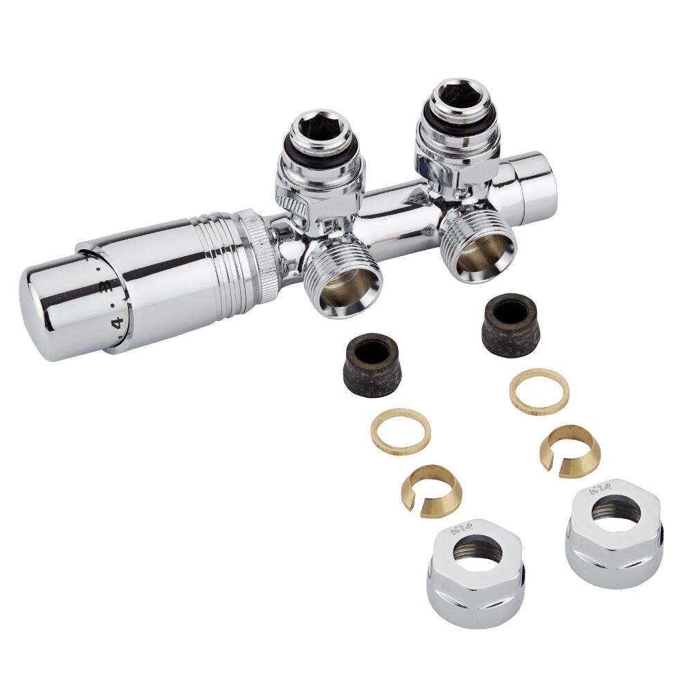 Milano - Chrome 3/4" Male H-Block Angled Valve With Chrome TRV Head - 14mm Copper Adapters