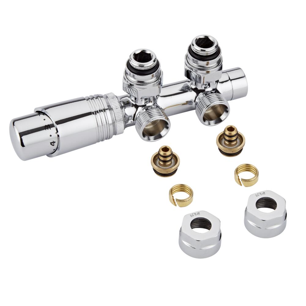 Milano - Chrome 3/4" Male H-Block Angled Valve With Chrome TRV Head With 14mm Multi Adaptors