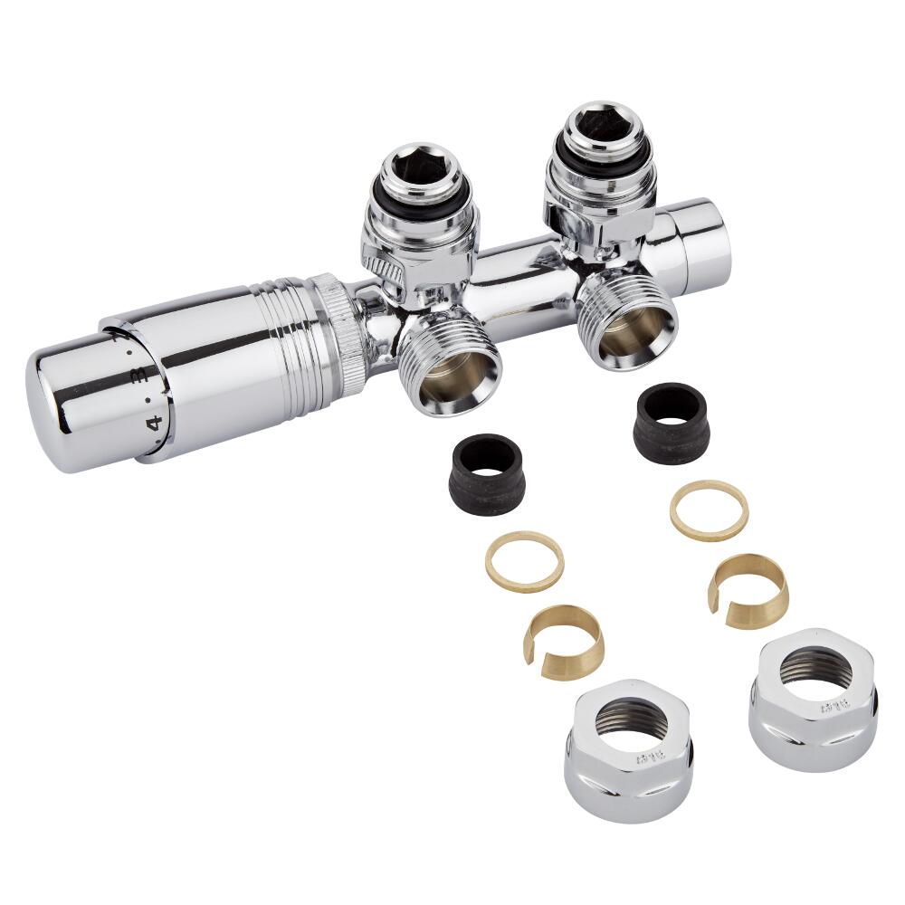 Milano - Chrome 3/4" Male H-Block Angled Valve With Chrome TRV Head With 16mm Copper Adaptors