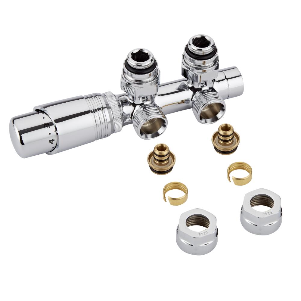 Milano - Chrome 3/4" Male H-Block Angled Valve With Chrome TRV Head - 16mm Multi Adapters