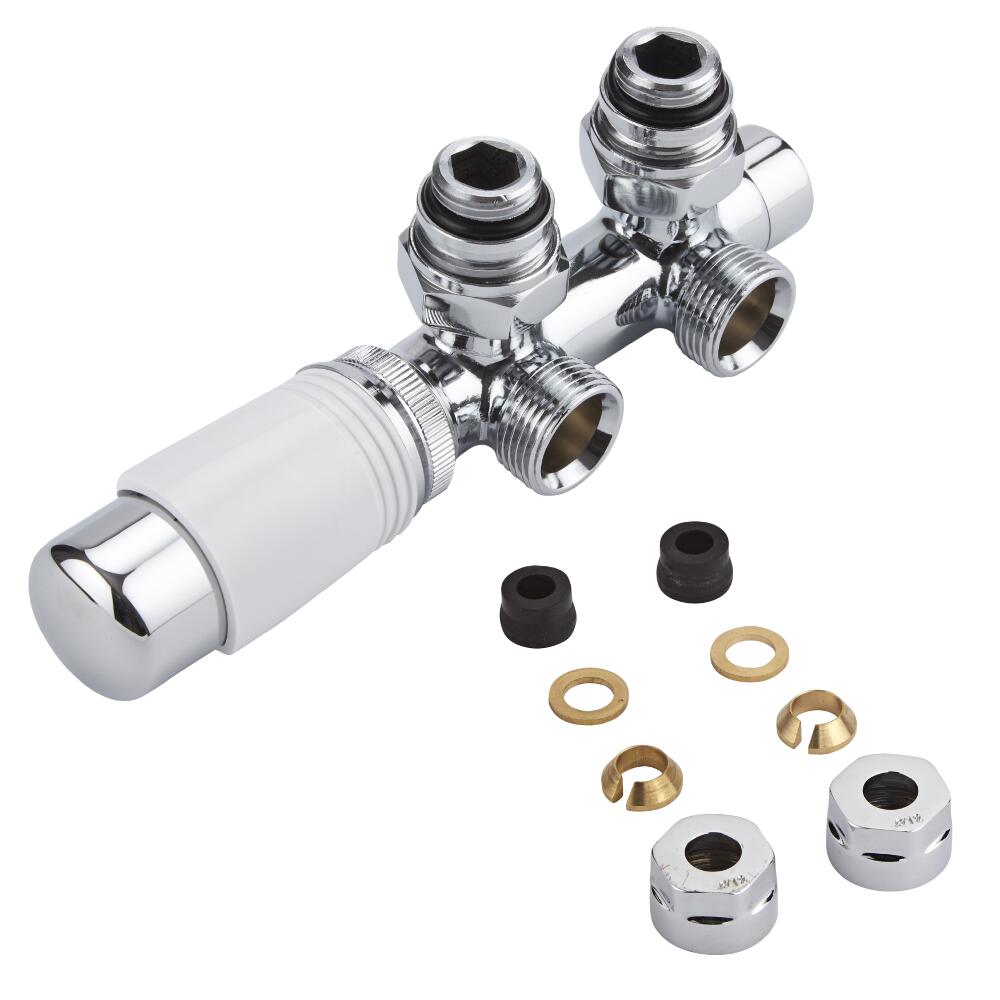 Milano - Chrome 3/4" Male H-Block Angled Valve With White TRV Head With 12mm Copper Adaptors