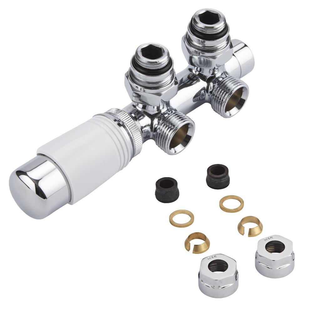 Milano - Chrome 3/4" Male H-Block Angled Valve With White TRV Head - 14mm Copper Adapters