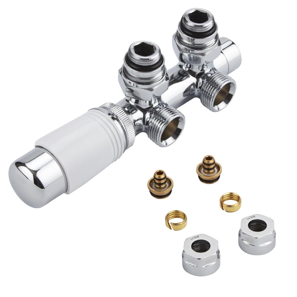 Milano - Chrome 3/4" Male H-Block Angled Valve With White TRV Head With 14mm Multi Adaptors