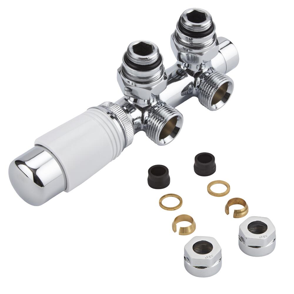 Milano - Chrome 3/4" Male H-Block Angled Valve With White TRV Head - 15mm Copper Adapters