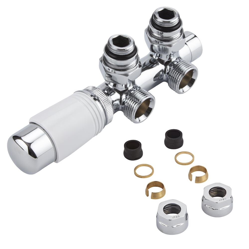 Milano - Chrome 3/4" Male H-Block Angled Valve With White TRV Head With 16mm Copper Adaptors