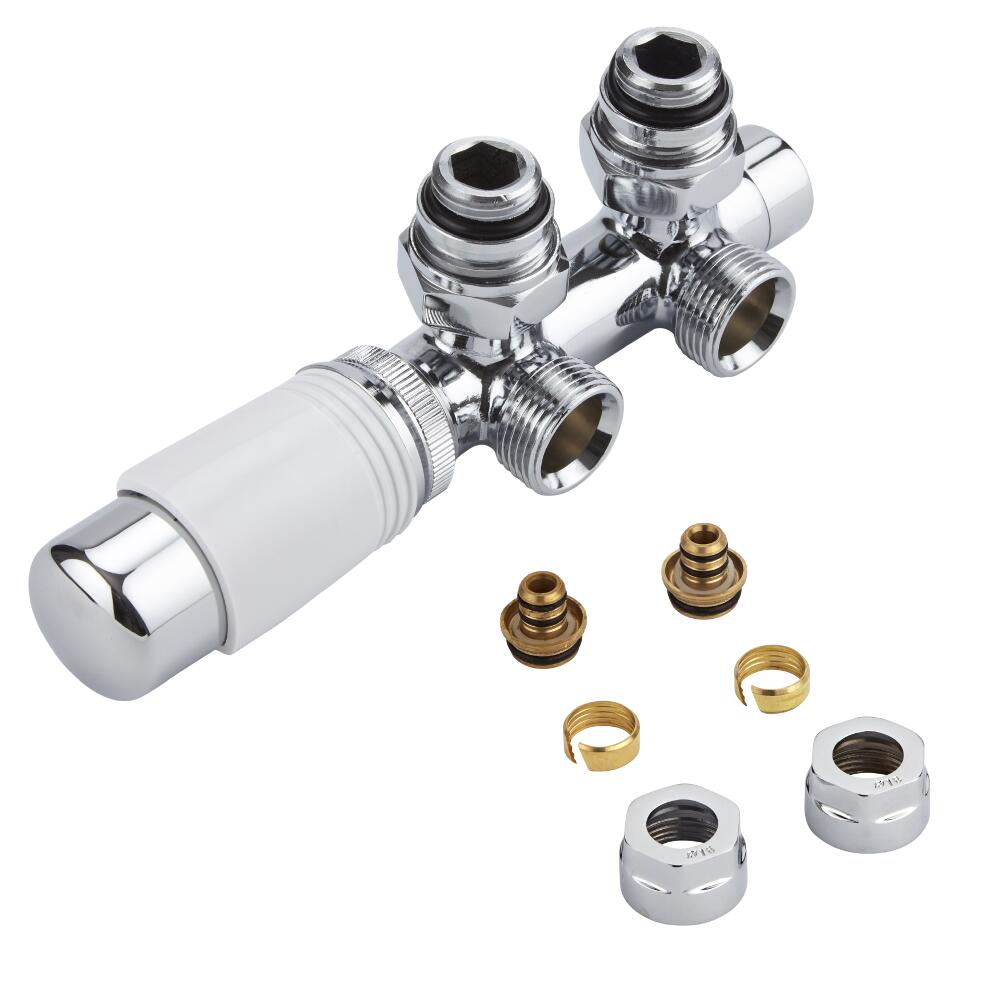 Milano - Chrome 3/4" Male H-Block Angled Valve With White TRV Head With 16mm Multi Adaptors
