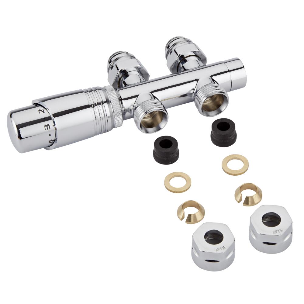 Milano - Chrome 3/4'' Male H-Block Straight Valve With Chrome TRV With 12mm Copper Adaptors