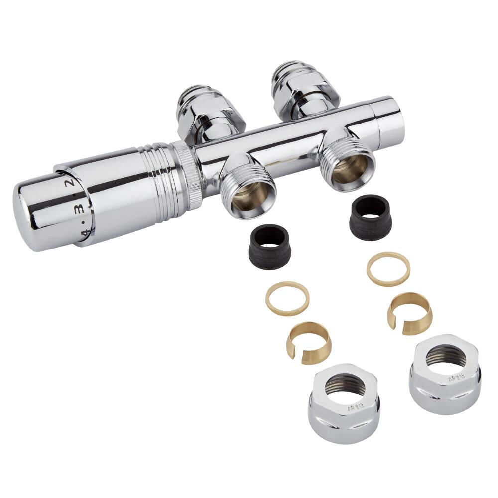 Milano - Chrome 3/4" Male H-Block Straight Valve With Chrome TRV - 14mm Copper Adapters