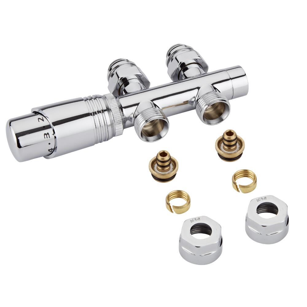 Milano - Chrome 3/4" Male H-Block Straight Valve With Chrome TRV With 14mm Multi Adaptors