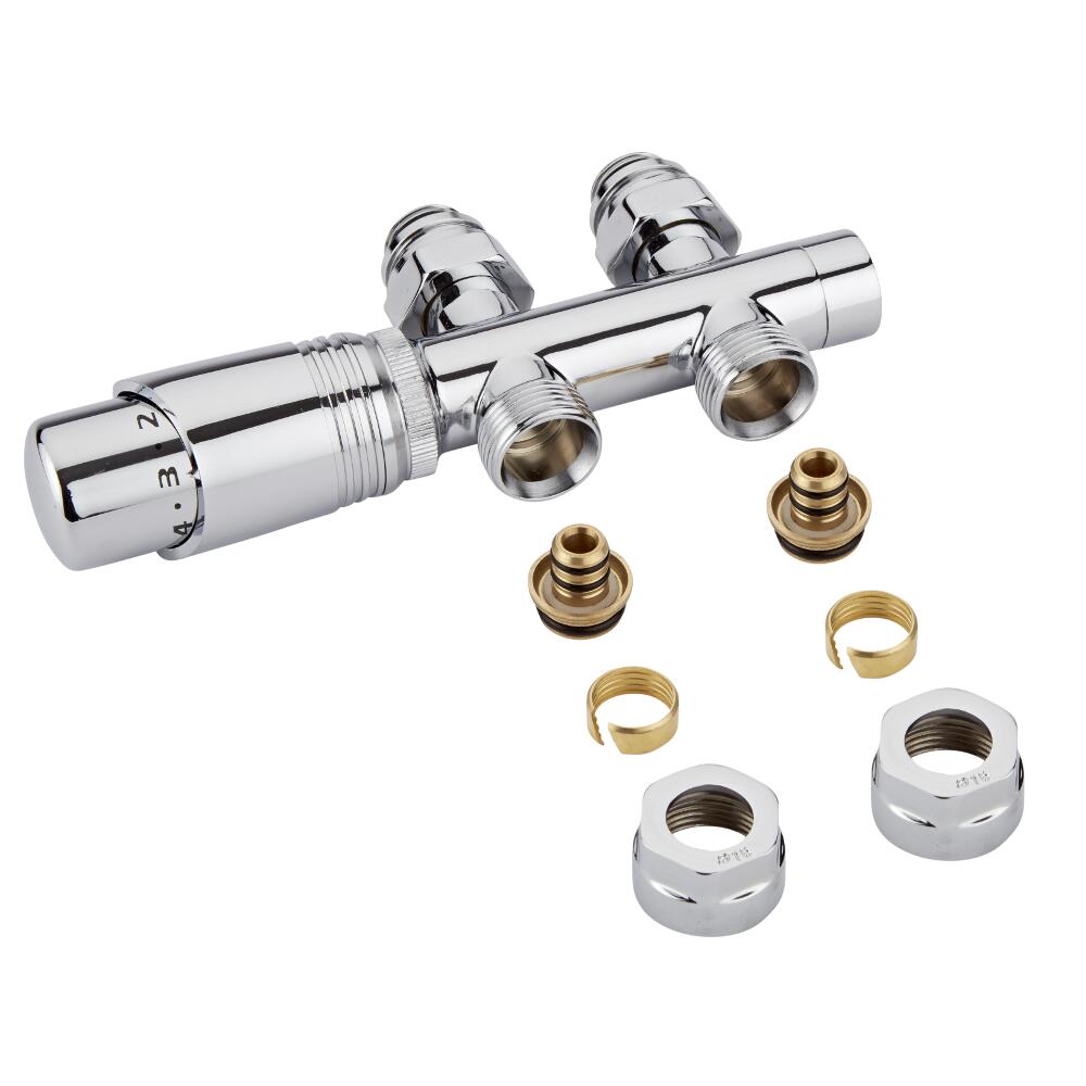 Milano - Chrome 3/4" Male H-Block Straight Valve With Chrome TRV With 16mm Multi Adaptors
