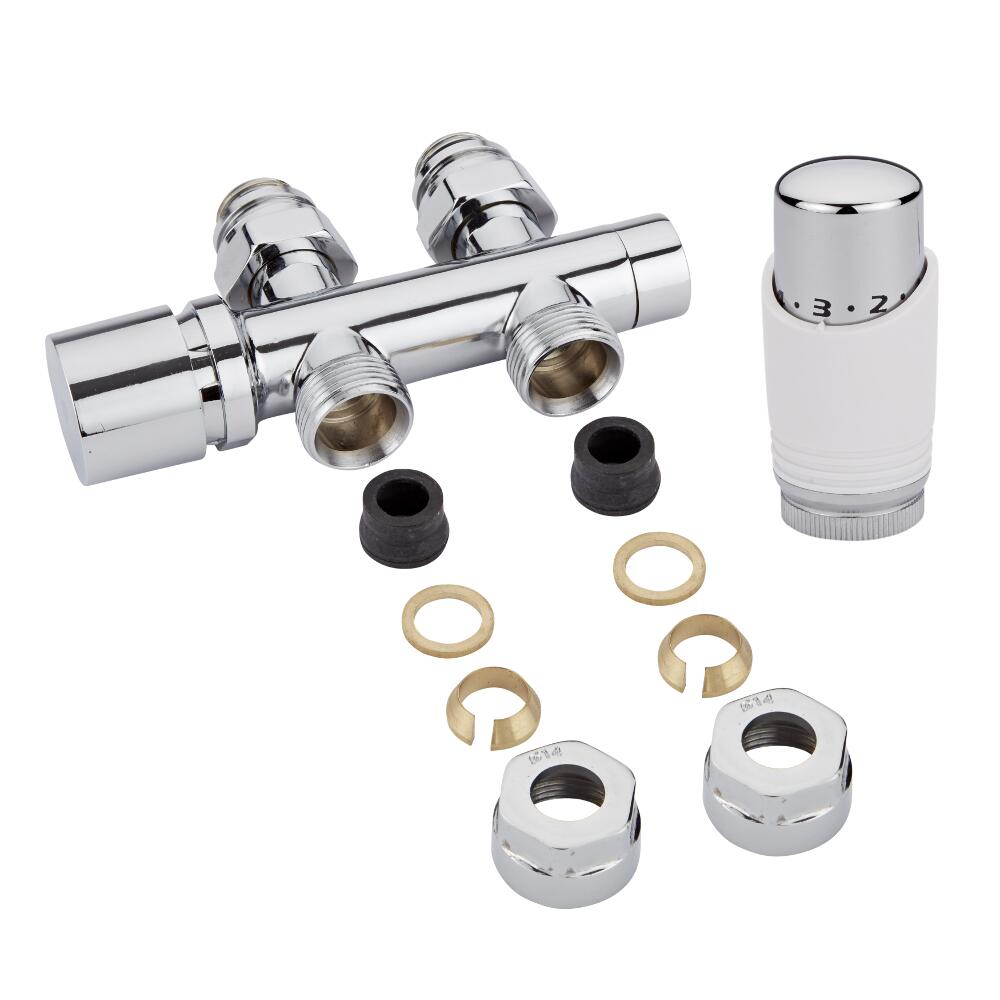 Milano - Chrome 3/4" Male H-Block Straight Valve With White TRV With 14mm Copper Adaptors