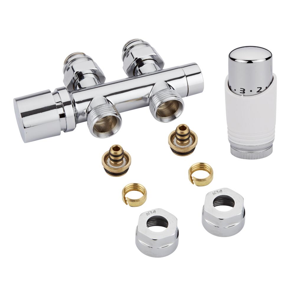 Milano - Chrome 3/4" Male H-Block Straight Valve With White TRV - 14mm Multi Adapters