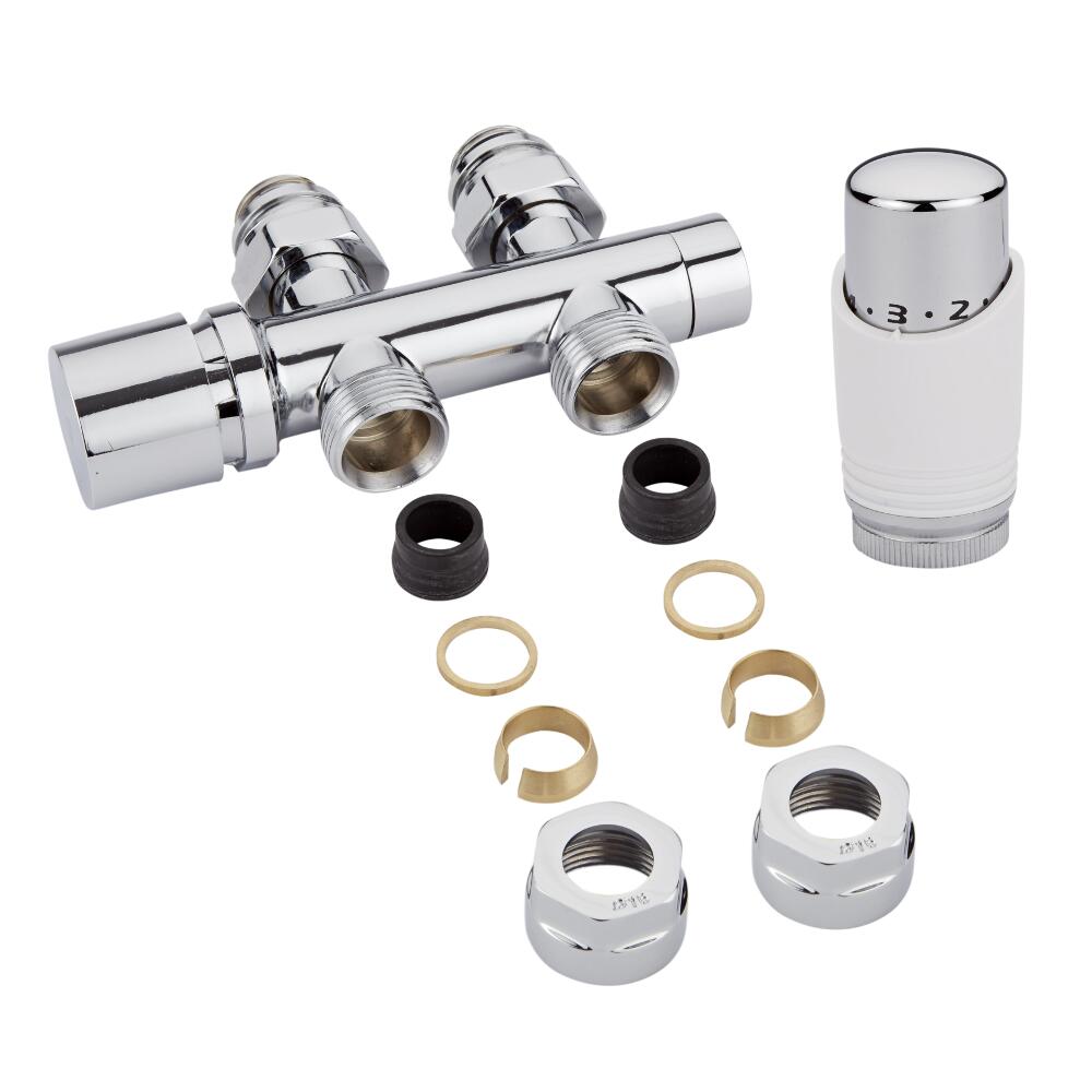 Milano - Chrome 3/4" Male H-Block Straight Valve With White TRV With 16mm Copper Adaptors