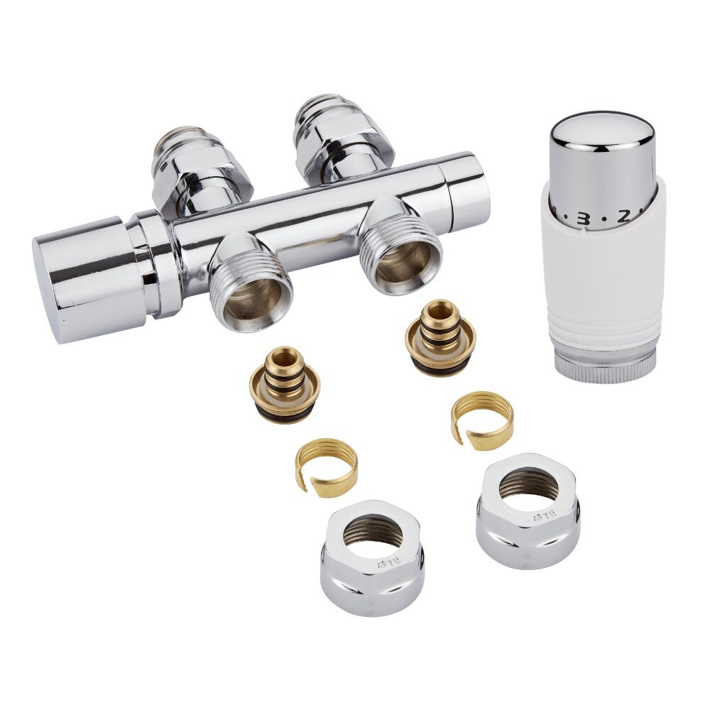 Milano - Chrome 3/4" Male H-Block Straight Valve With White TRV With 16mm Multi Adaptors