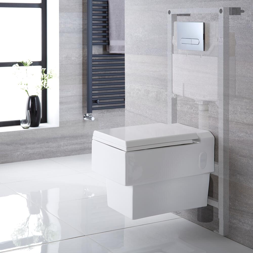 Milano Westby - White Modern Wall Hung Toilet with Tall Wall Frame and Choice of Flush Plate - 410mm x 340mm